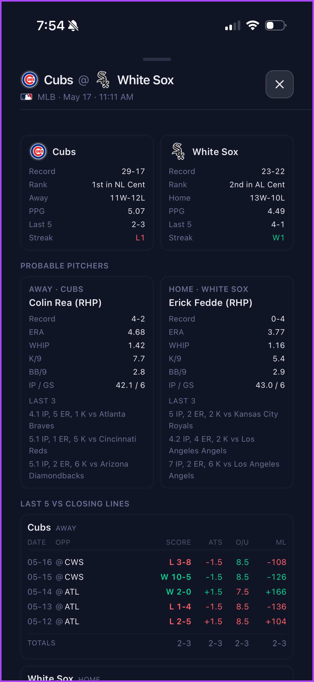 Game analysis showing team stats, probable pitchers, and last five results vs closing lines